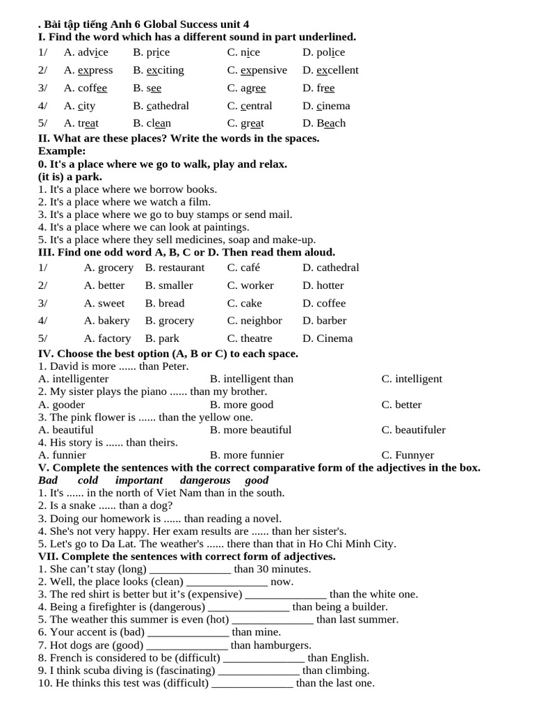 English Exercises for Grade 6 Unit 4 | PDF