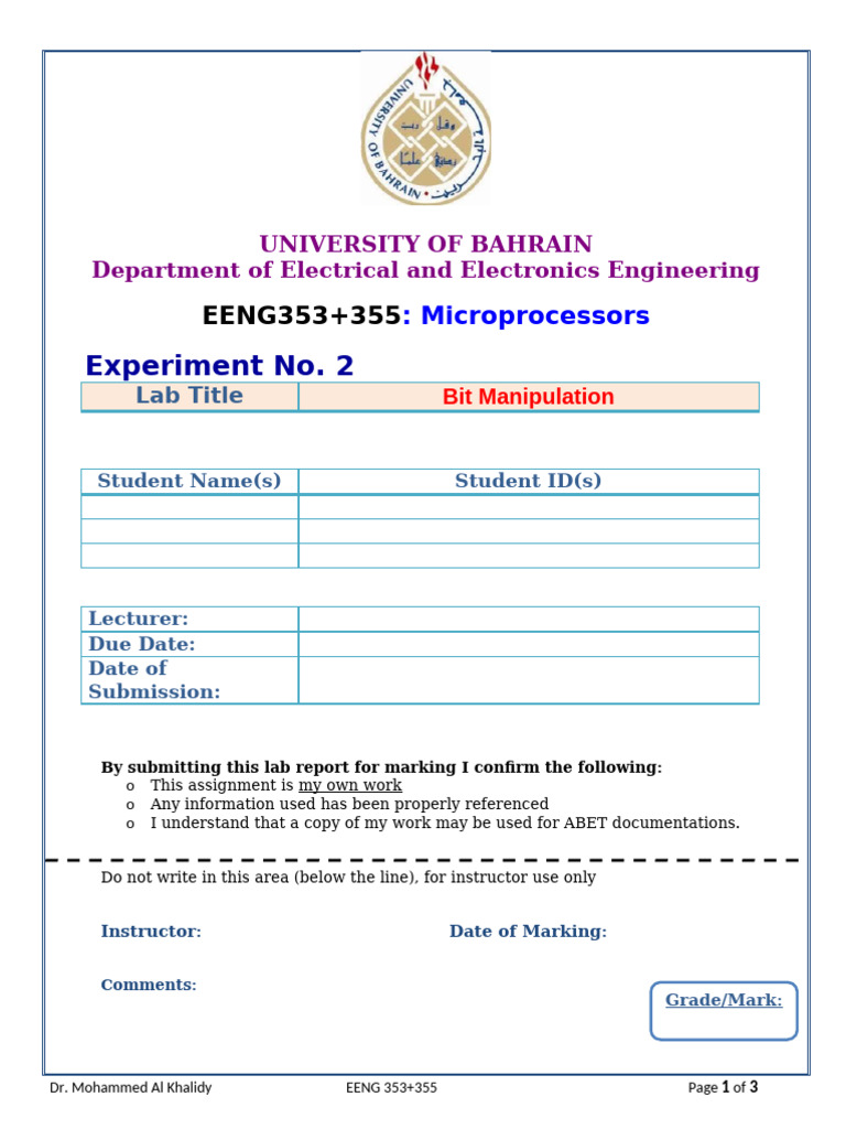 Bit Manipulation Lab Report EENG353+355 | PDF