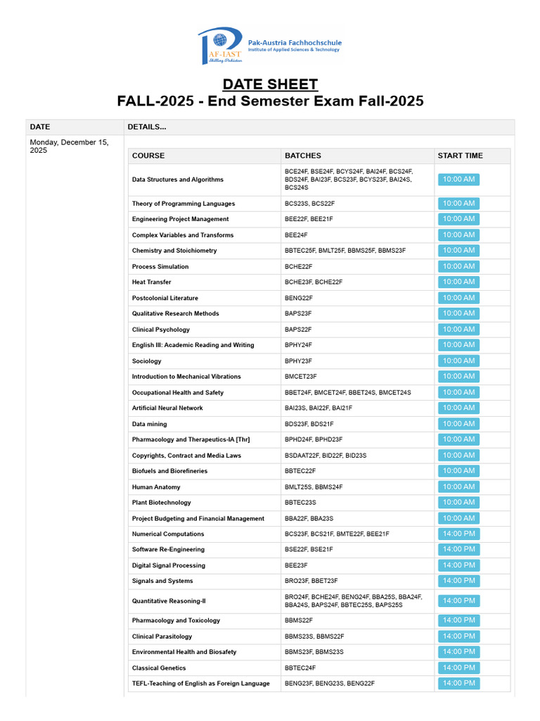 Fall 2025 End Semester Exam Schedule | PDF | Engineering | Biomechanics