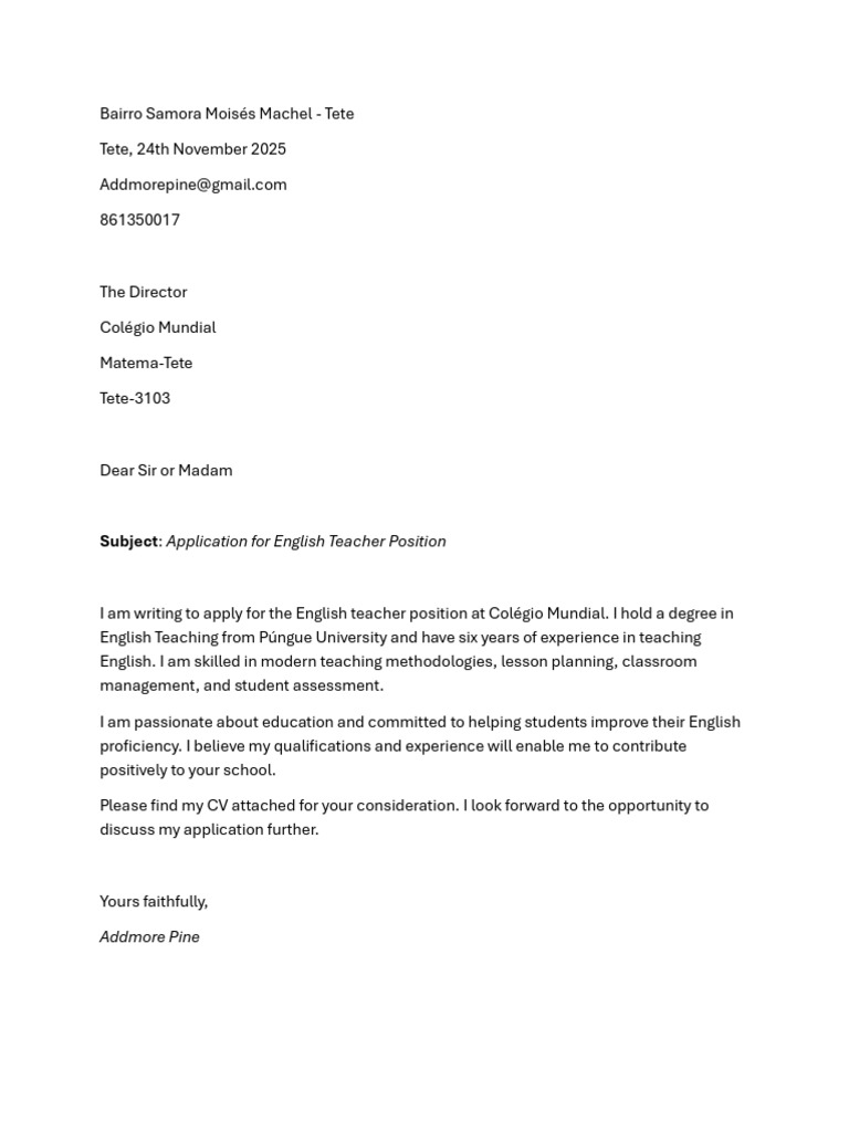 English Teacher Application - Colégio Mundial | PDF