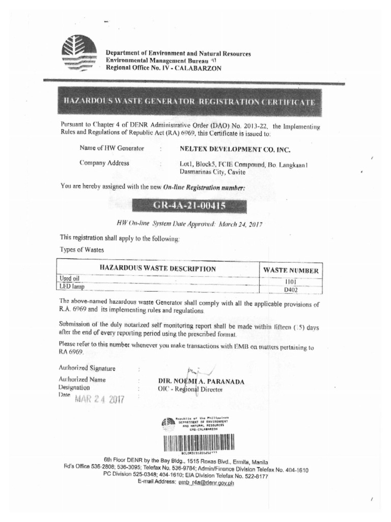 Neltex DENR Hazardous Waste Generator Registration Certificate_742ba094 ...