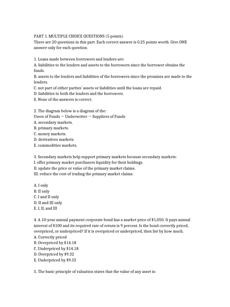 Finance Multiple Choice Questions Guide | PDF | Bonds (Finance ...