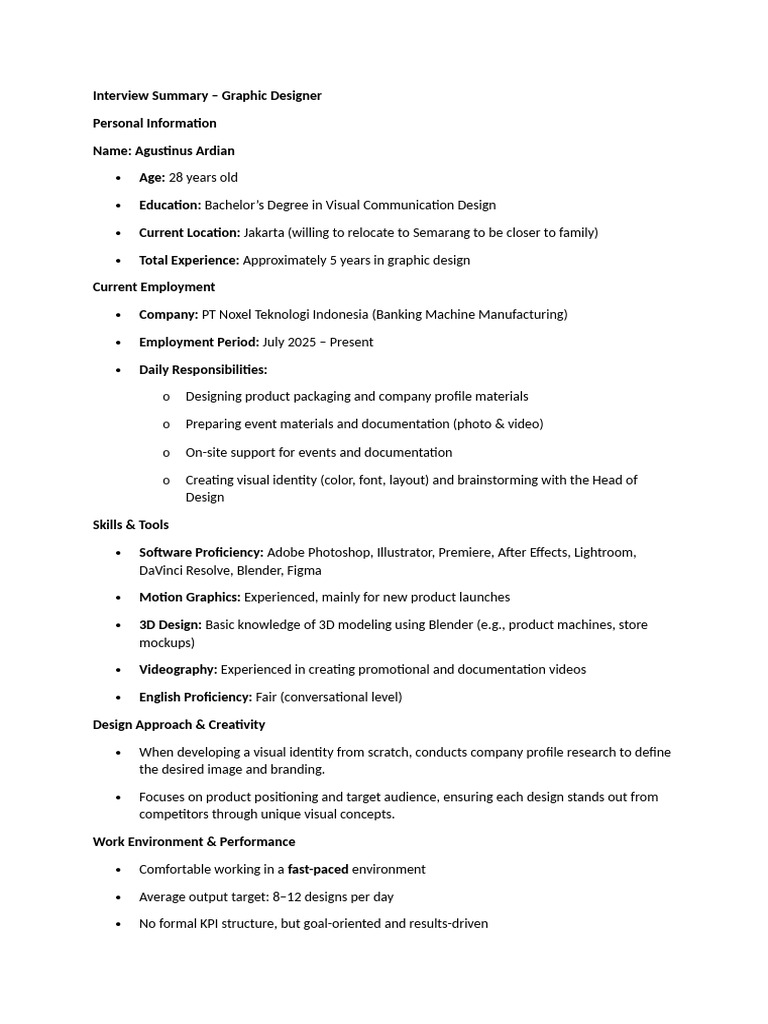 Graphic Designer Interview Summary | PDF