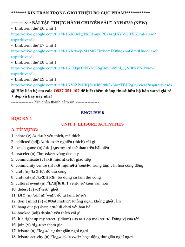 English 8 Unit 1: Leisure Activities Guide | PDF