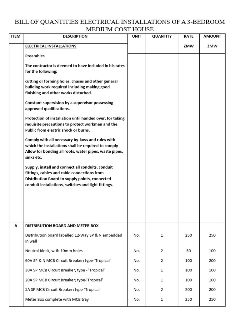 Electrical Installations Bill of Quantities | PDF | Electrical Wiring ...