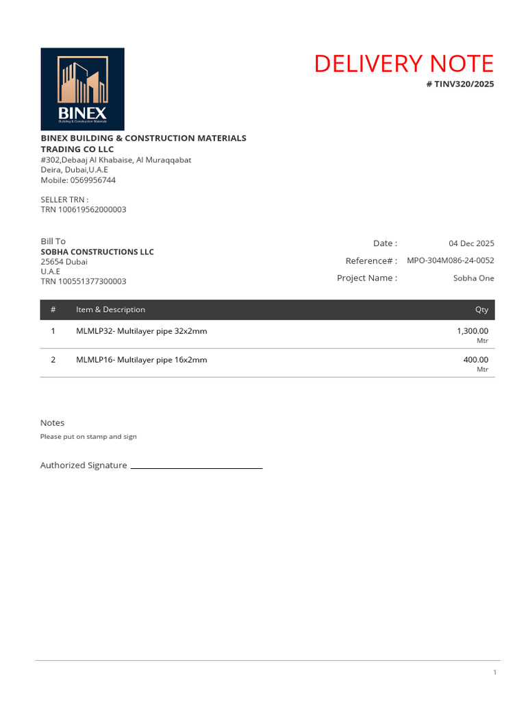 Delivery Note for Sobha One Project | PDF