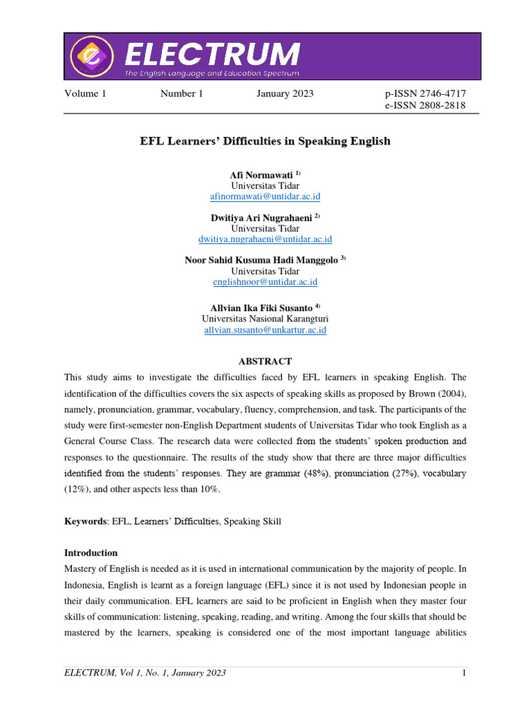 EFL_Learners_Difficulties_in_Speaking_En | PDF | English As A Second Or ...