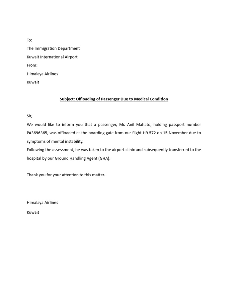 Offloading of Passenger Due To Medical Condition | PDF