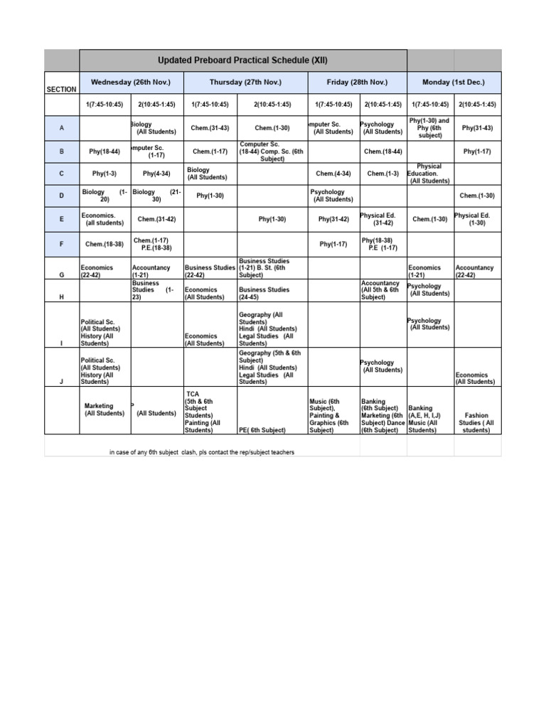 Updated Preboard Schedule for XII Students | PDF | Liberal Arts Education