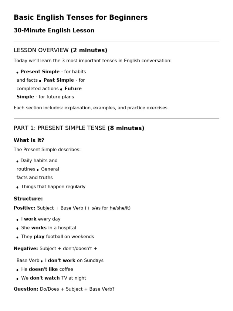 Basic English Tenses - 30 Minute Lesson | PDF | Grammatical Tense | Verb