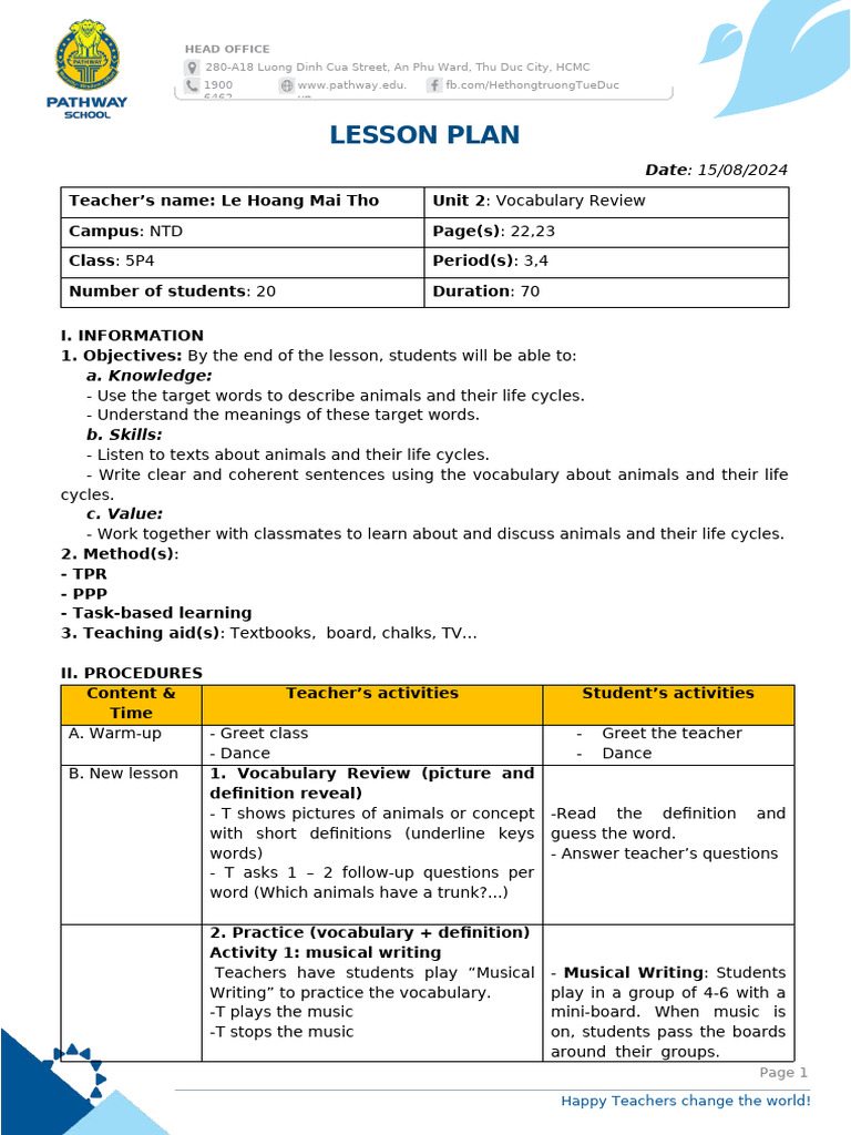 Vocabulary Lesson Plan for Class 5P4 | PDF | Learning | Applied Linguistics