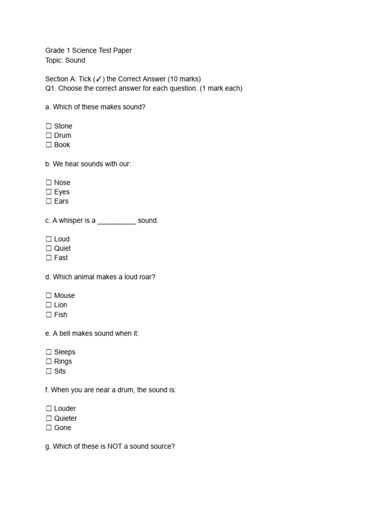 Grade 1 Sound Science Test Paper | PDF | Sound