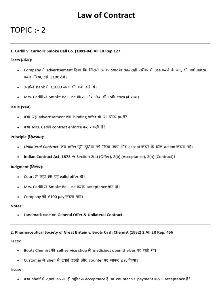Law of Contract All Case Summary | PDF