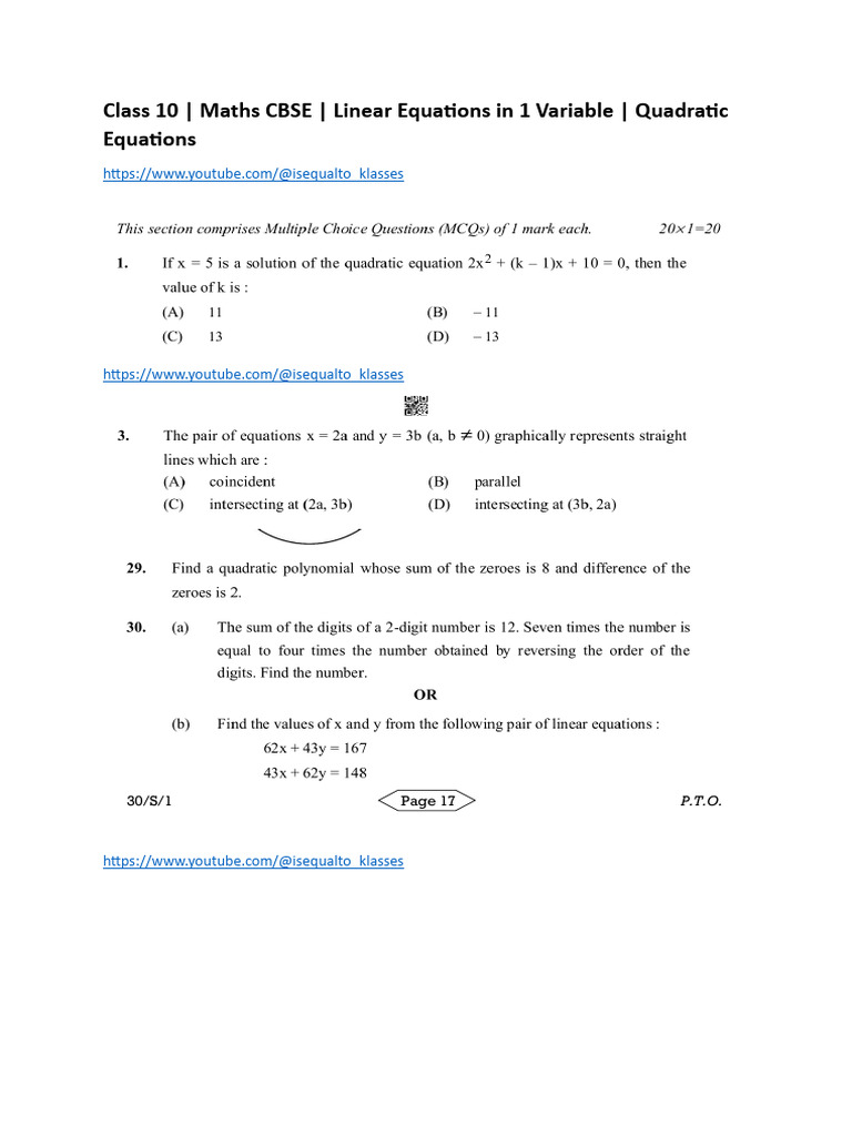 Cbse Class 10 Test Quad Eqns Linear | PDF