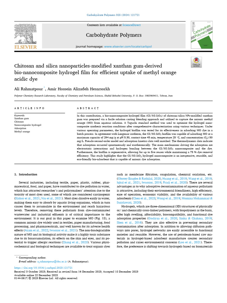 Chitosan-Silica Hydrogel for Dye Removal | PDF | Adsorption | Silicon ...