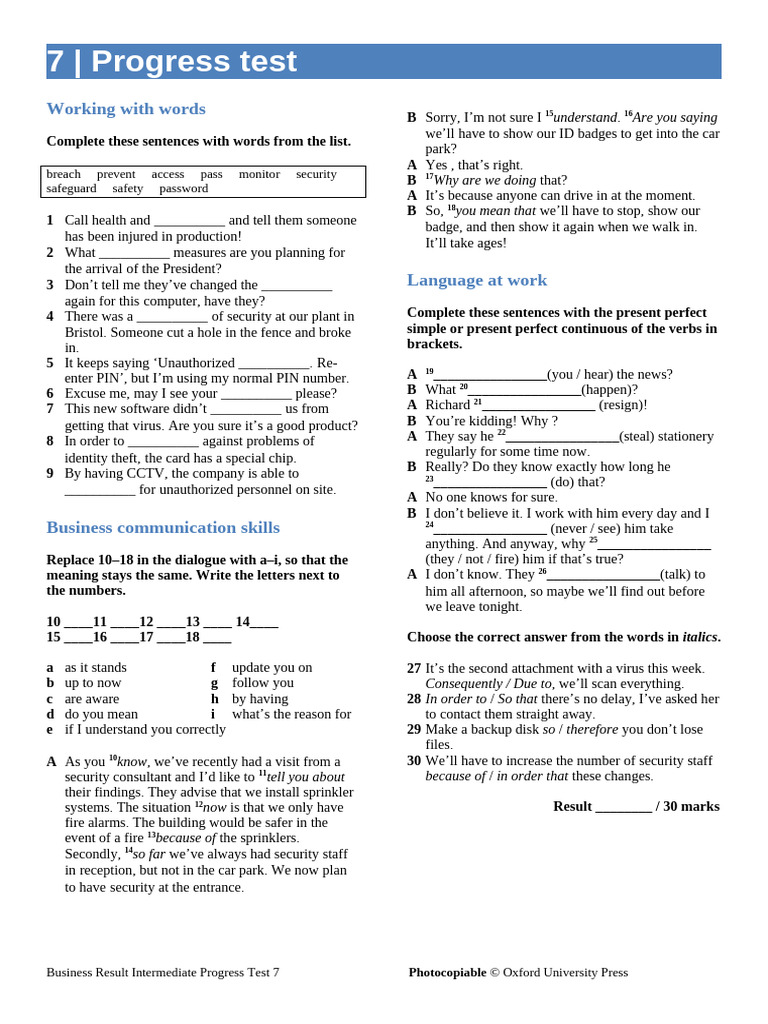 Business Communication Progress Test 7 | PDF
