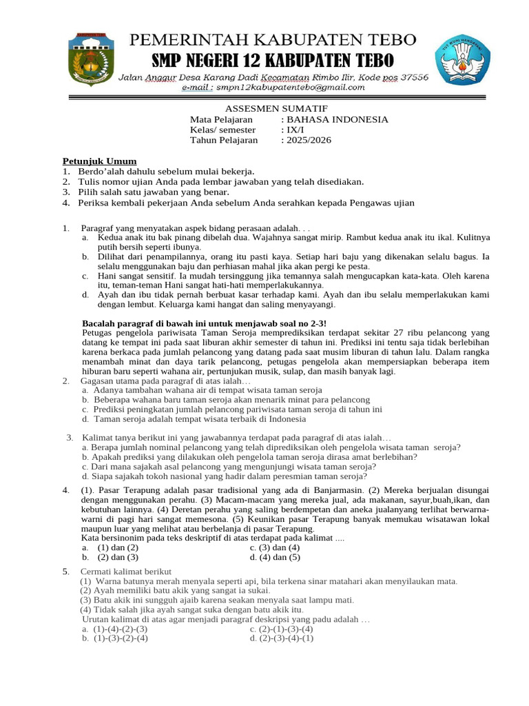 Ujian Bahasa Indonesia Kelas IX 2025 | PDF