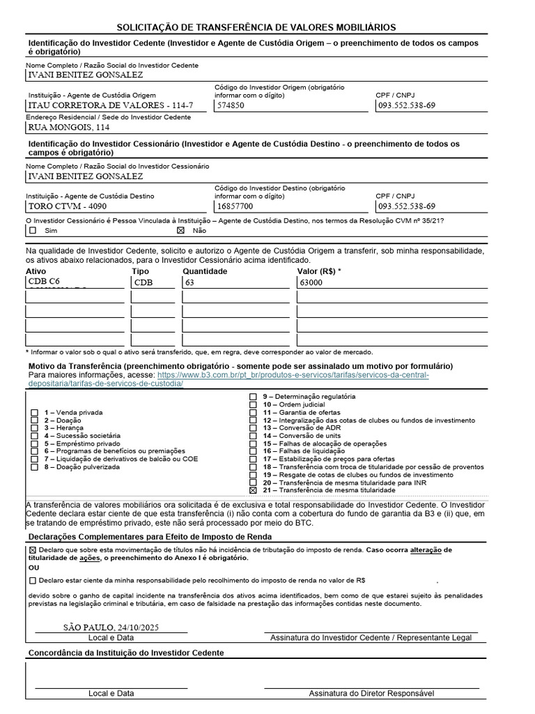 Solicitação de Transferência de Ativos | PDF | Investimentos | Impostos
