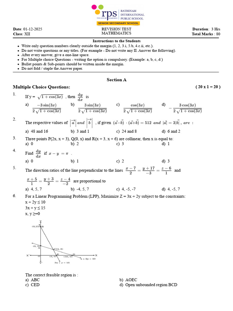 Mathematics Revision Test for Class XII | PDF | Mathematics | Applied ...