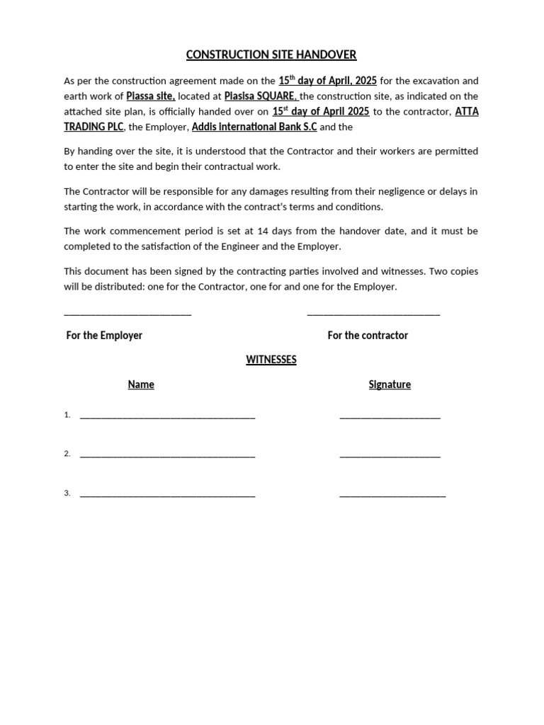 Construction Site Handover Agreement | PDF