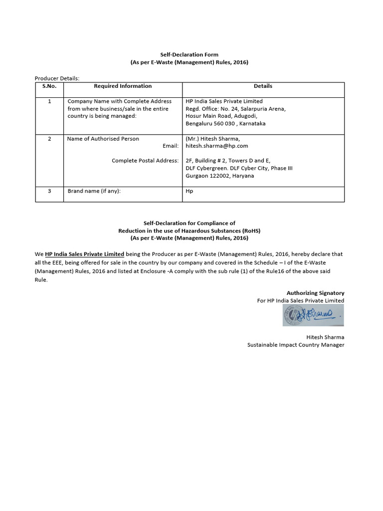 HP E-Waste Self-Declaration Form | PDF | Desktop Computer | Laptop