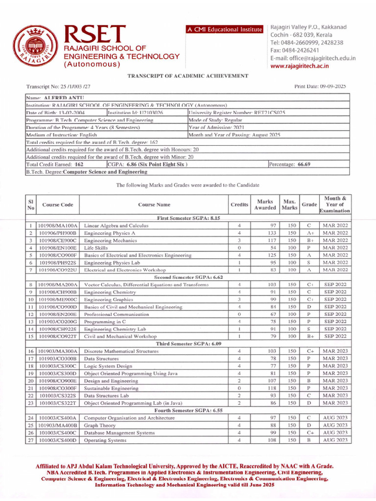 Btech Transcript | PDF