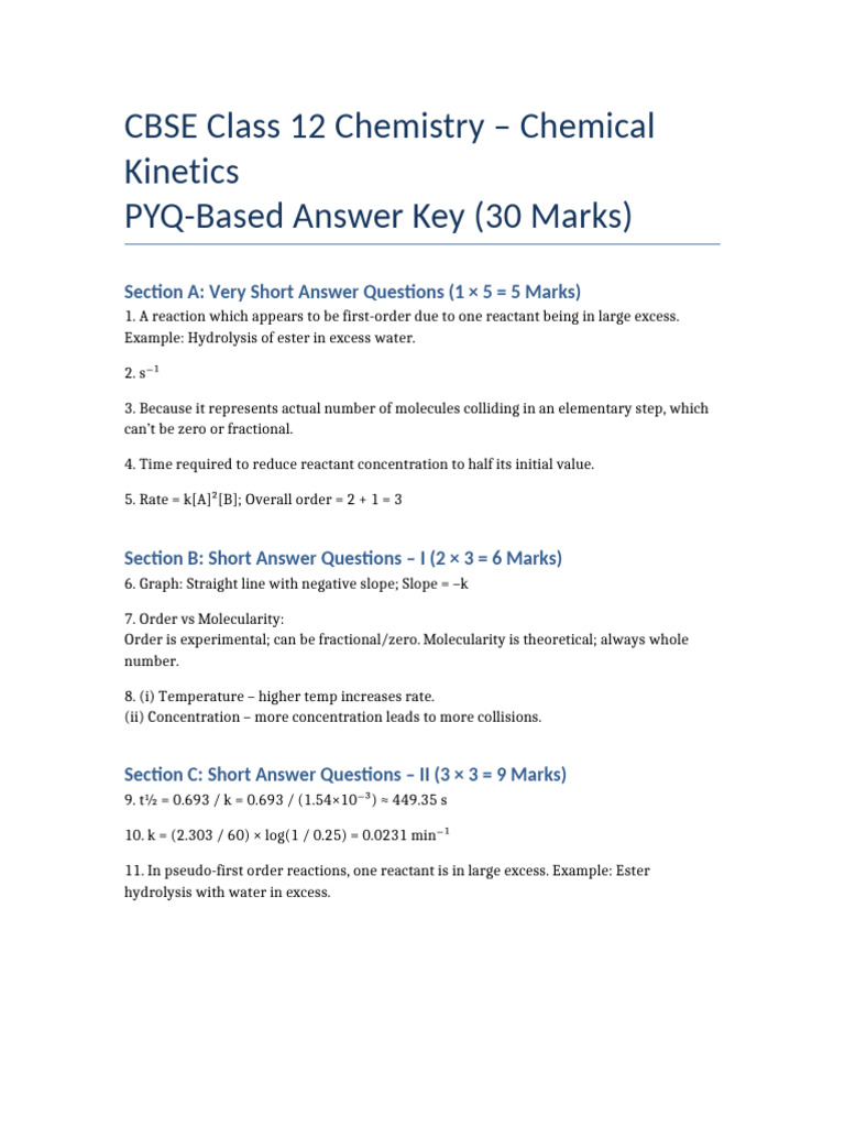 Chemical Kinetics Answer Key CBSE | PDF
