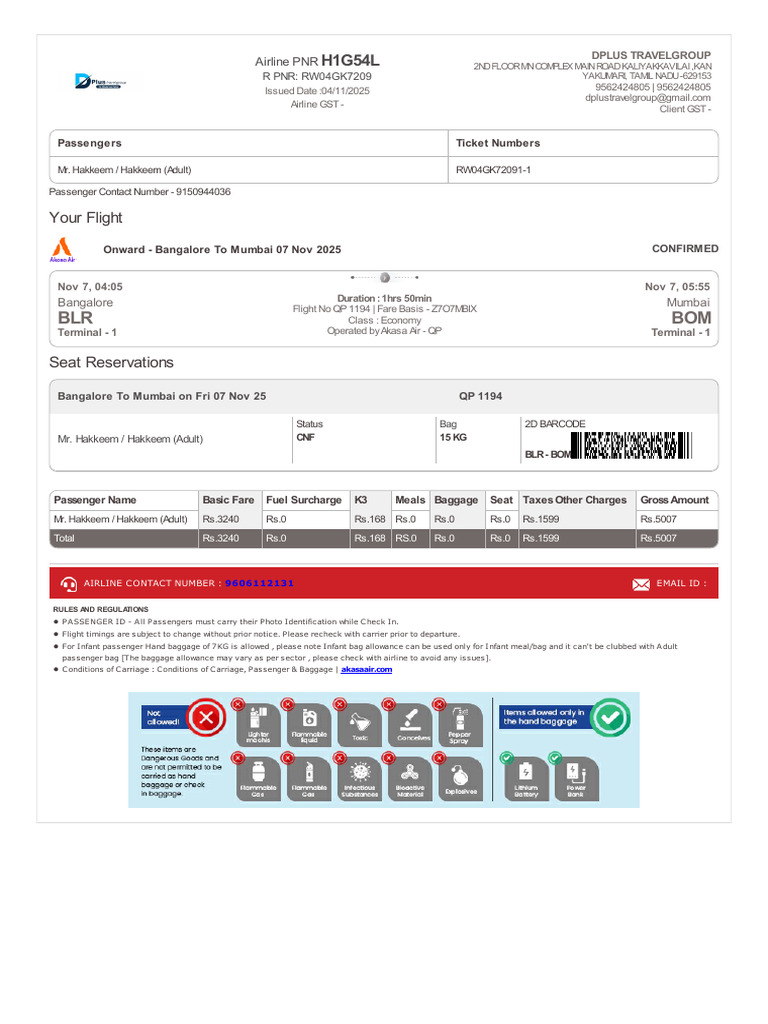 Flight Booking Confirmation: BLR to BOM | PDF | Transport | Airlines