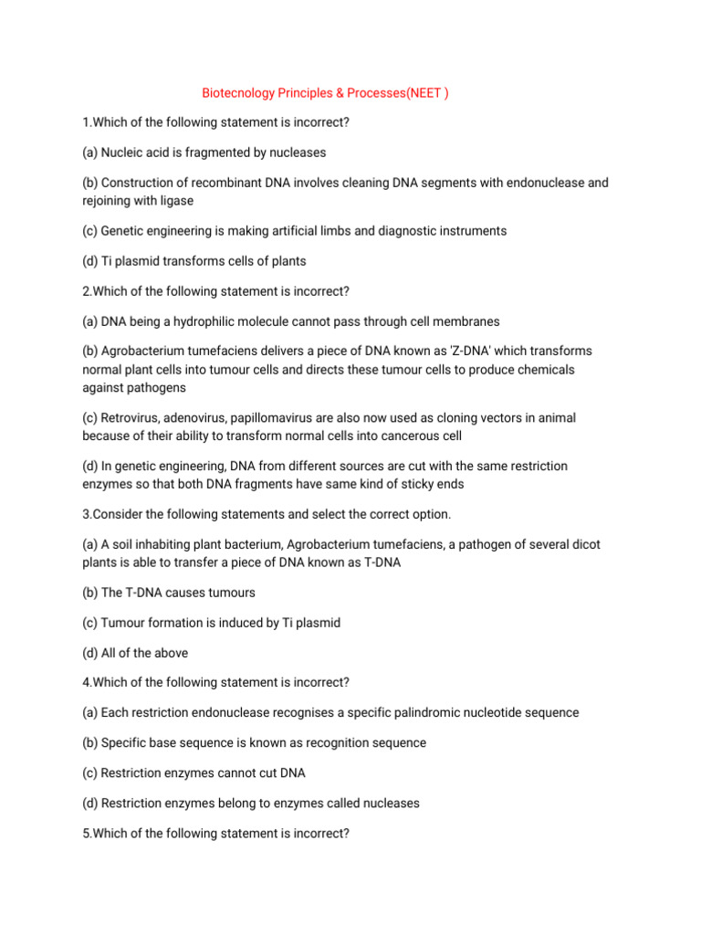 NEET Biotechnology Principles Quiz | PDF | Plasmid | Molecular Cloning