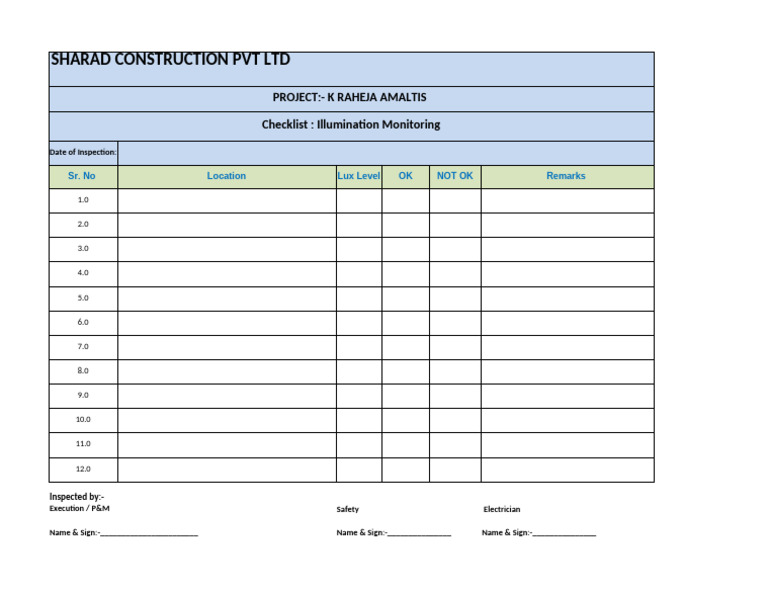 Illumination Monitoring Checklist | PDF
