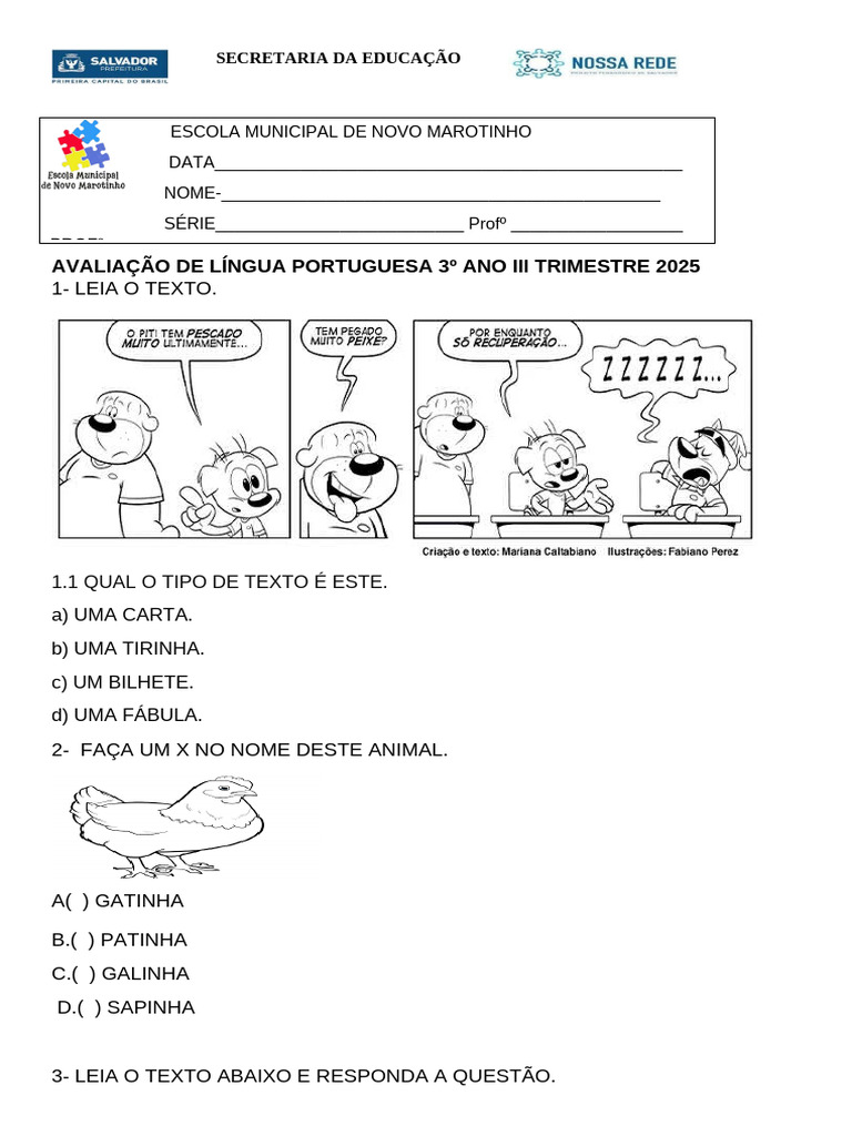 Avaliação de Língua Portuguesa 3º Ano | PDF