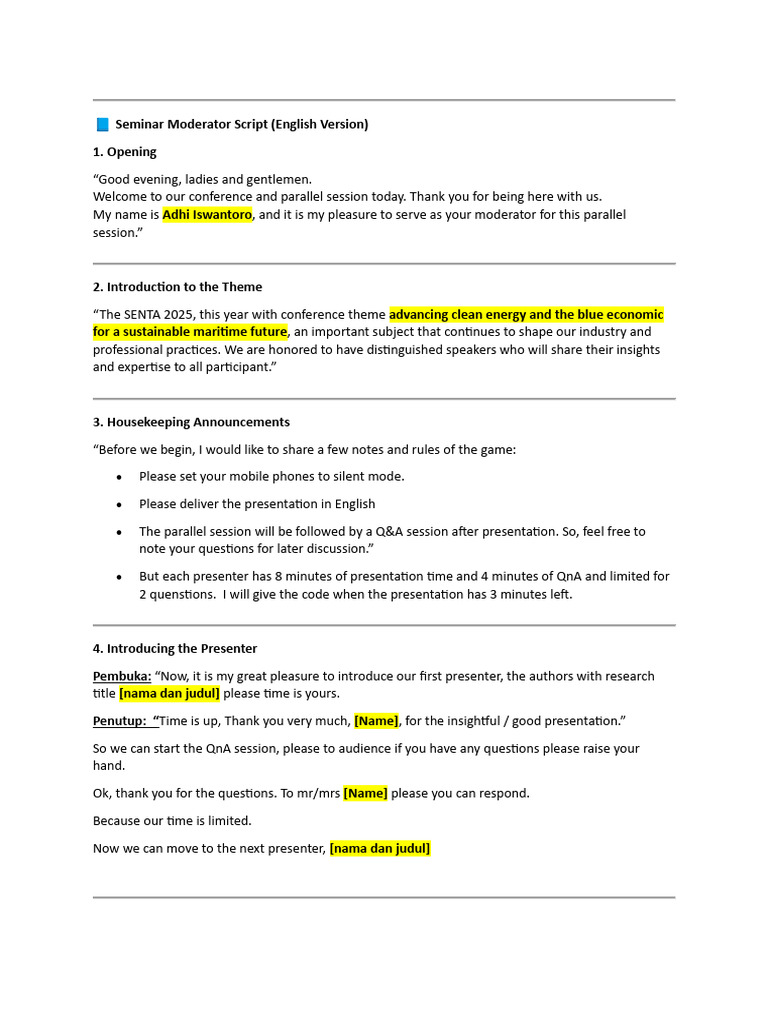 Seminar Moderator Script for SENTA 2025 | PDF