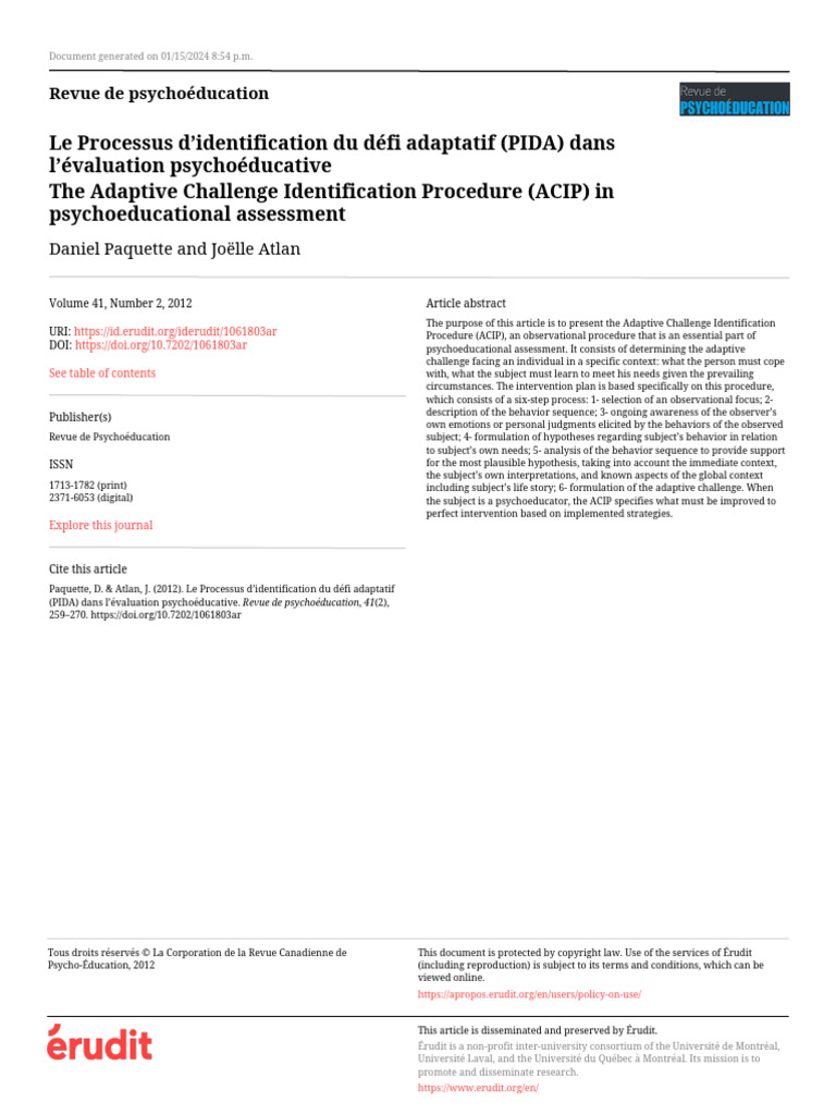 PIDA : Évaluation psychoéducative efficace | PDF | Émotions | Biologie