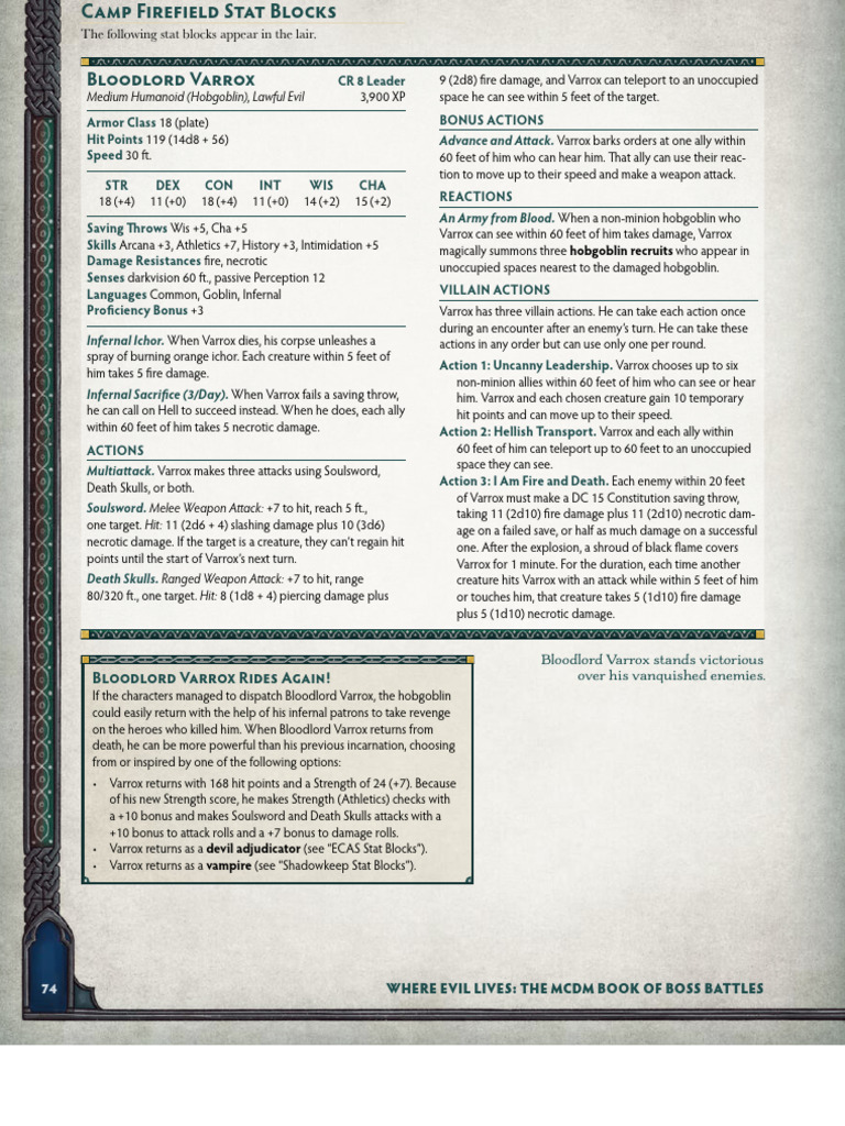 Camp Firefield Stat Blocks Overview | PDF