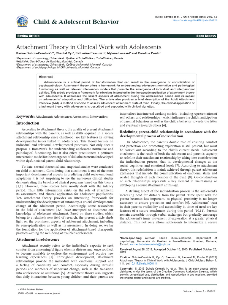 Unit 9 - 13 Attachment Theory in Clinical Work With Adolescents | PDF ...