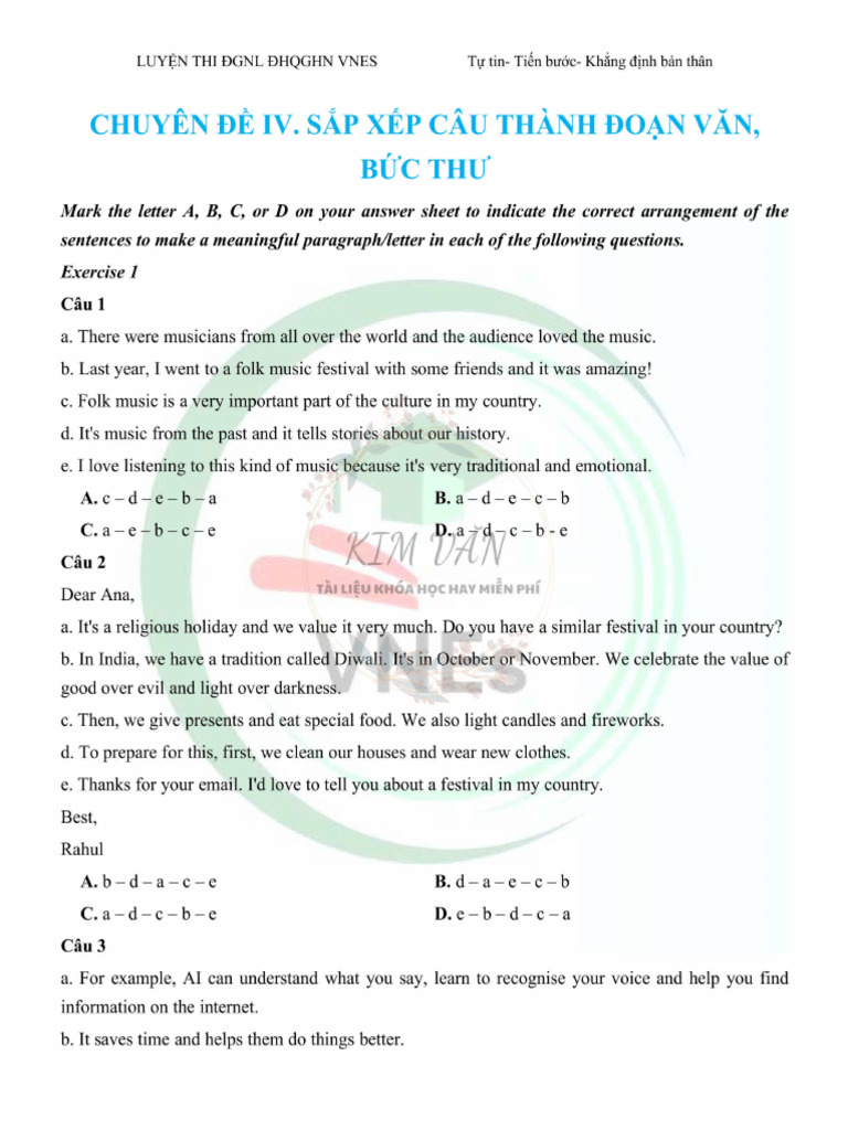 Chuyen de IV Sap Xep Cau Thanh Doan Van Buc Thu Hs | PDF