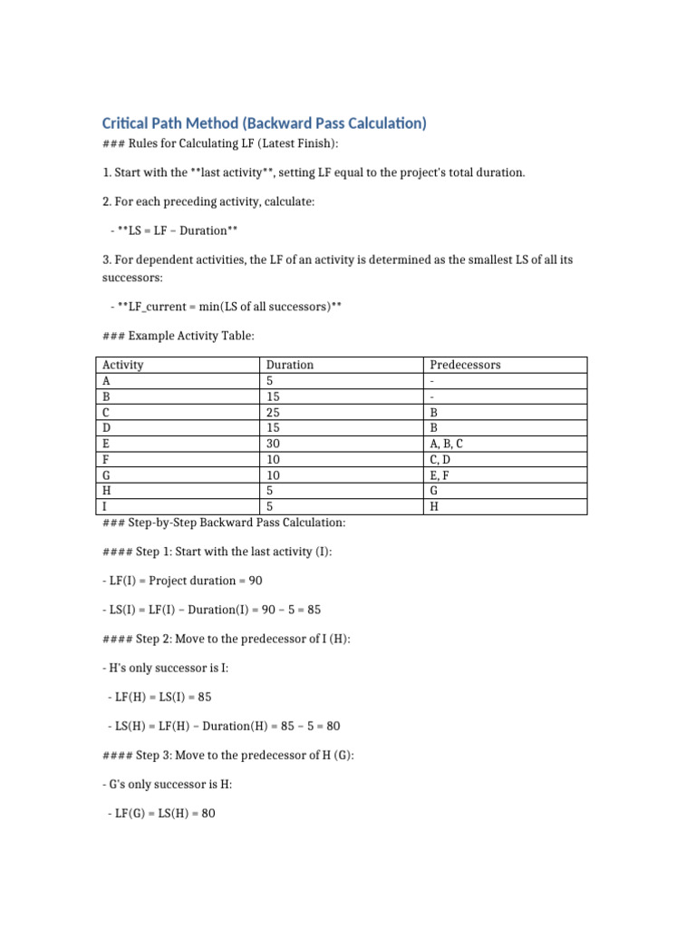 Backward Pass in Critical Path Method | PDF