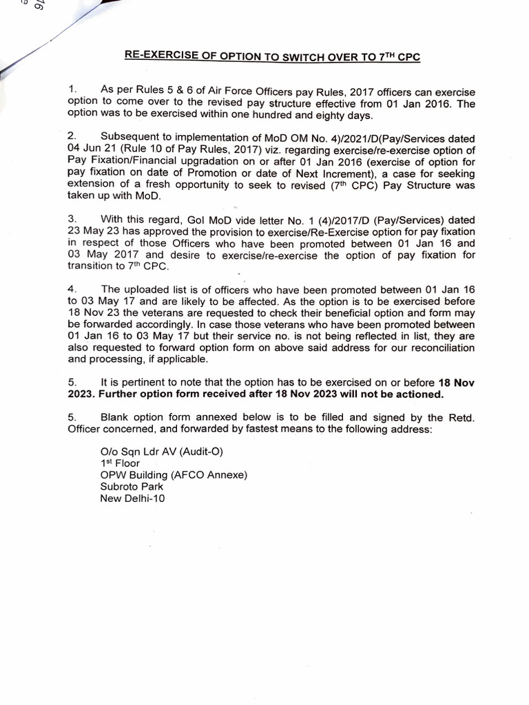 7th CPC Pay Option Re-Exercise Notice | PDF