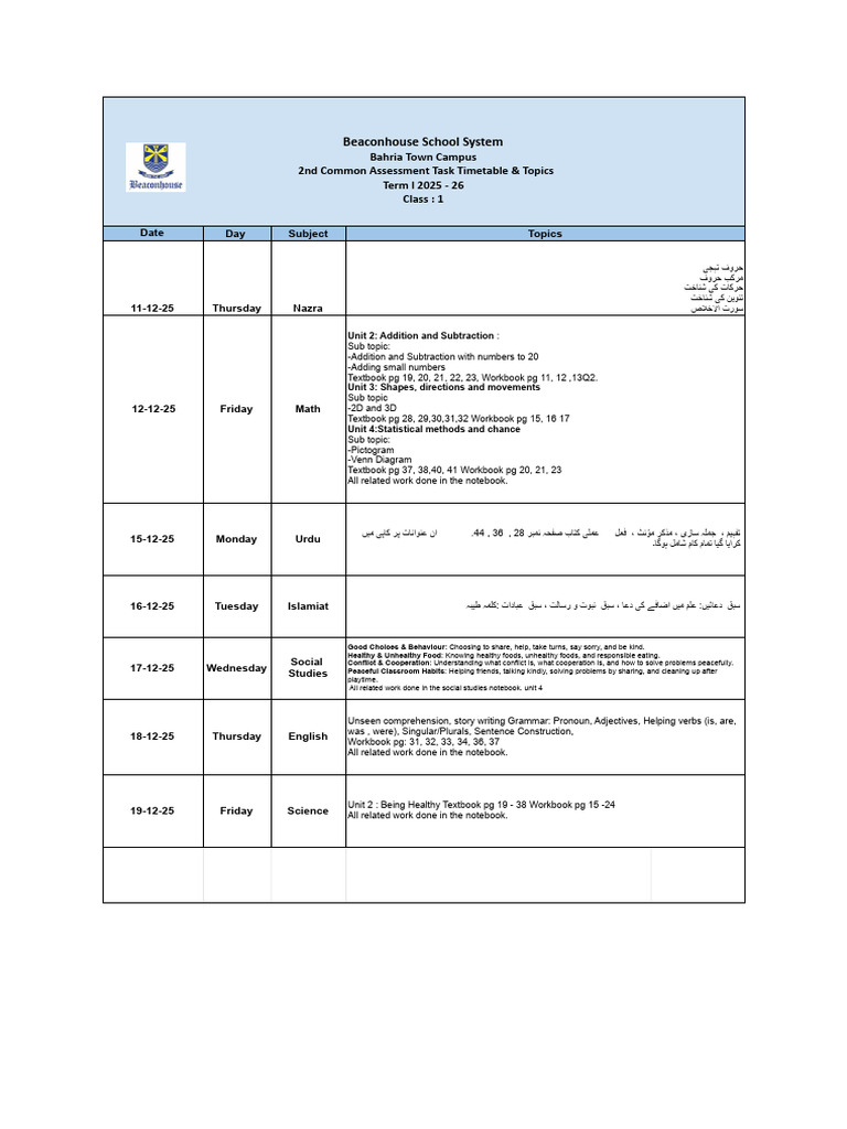 2025-26 Class 1 Assessment Timetable | PDF | Morphology | Grammar