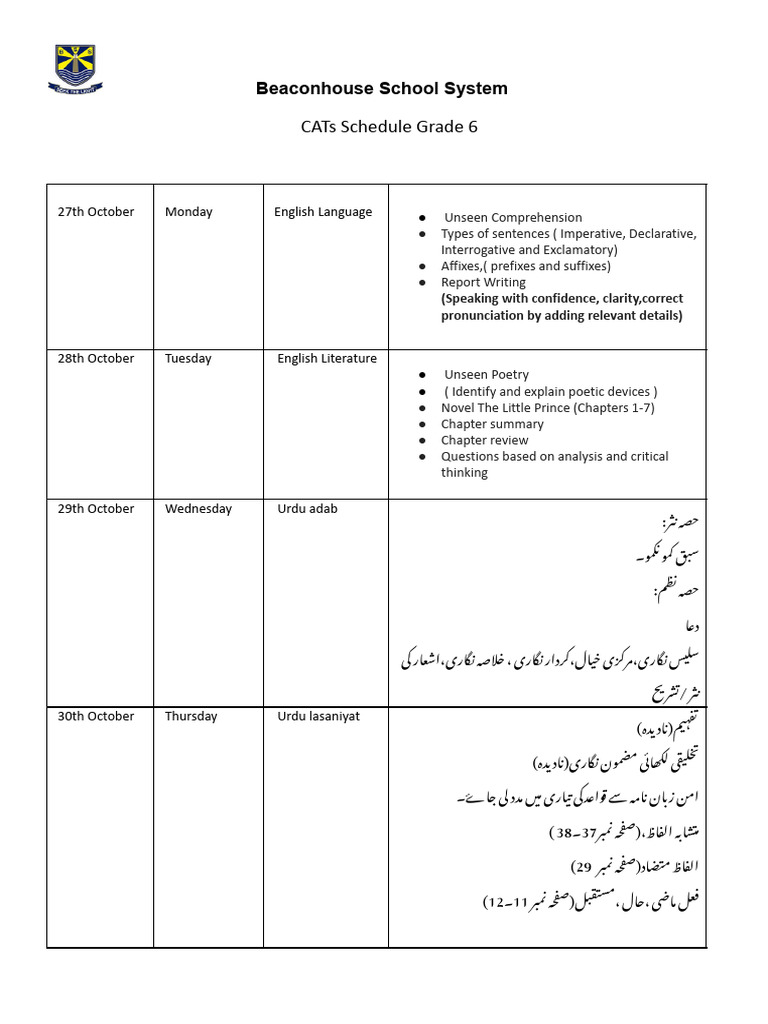 Grade 6 1st CAT Schedule- Term I- 2025-26 (1) | PDF | Numbers | Decimal