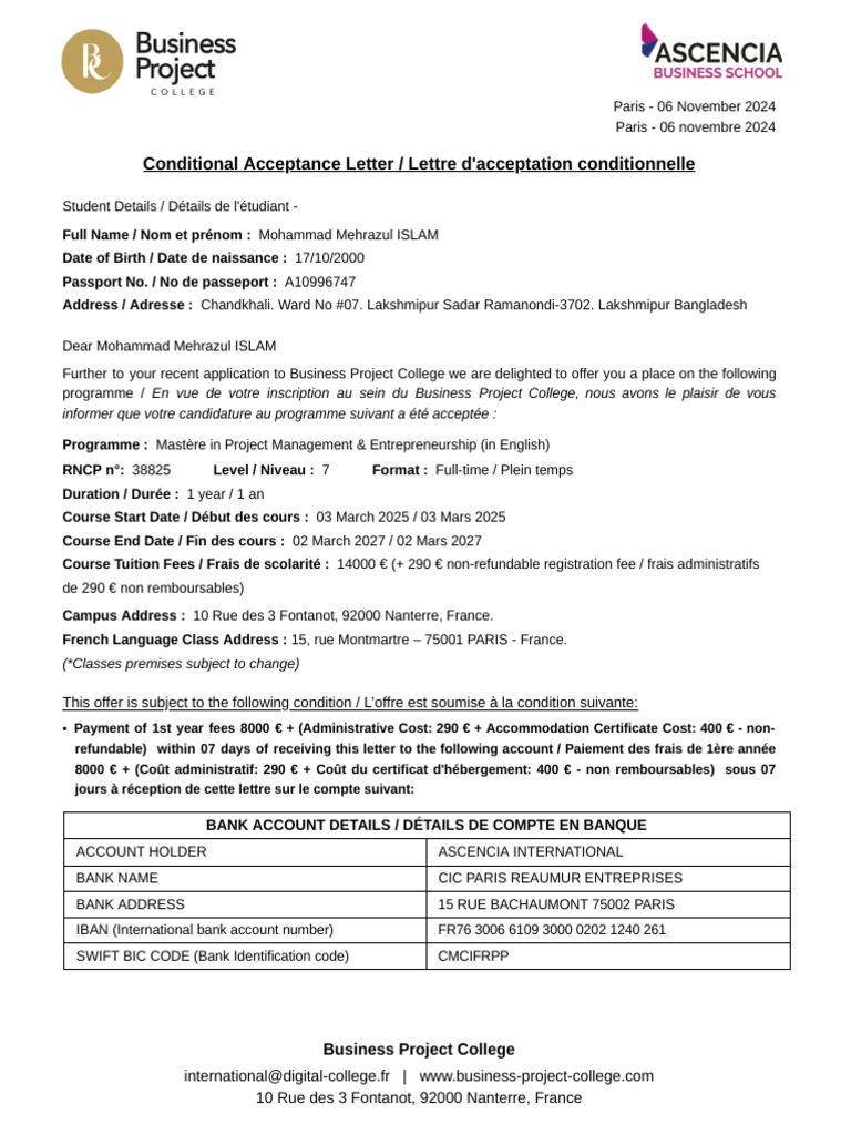 Conditional Acceptance Letter - Mohammad Mehrazul ISLAM | PDF | Travel ...