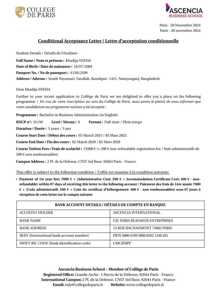 Khadija SNEHA-Conditional Acceptance Letter_BBA Zdoc_1 | PDF | Fee ...