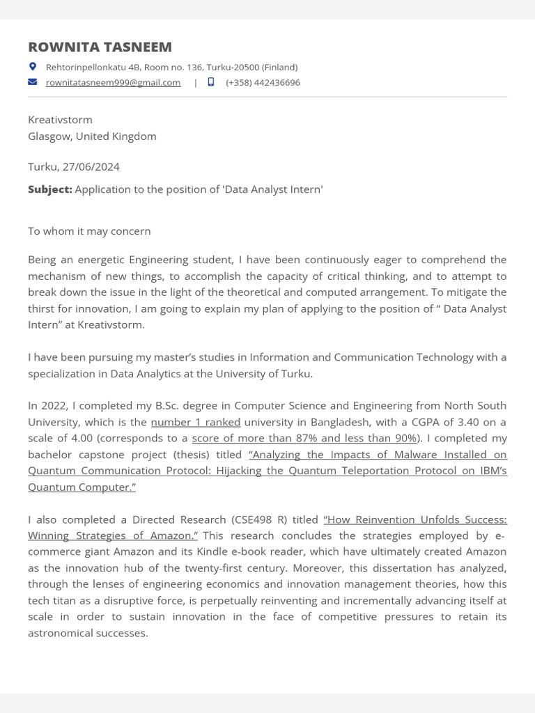 Data Analyst Intern Application - Rownita Tasneem | PDF | Artificial ...