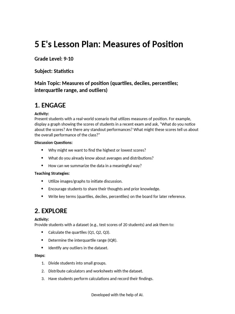5 E's Lesson Plan on Measures of Position | PDF | Quartile | Learning
