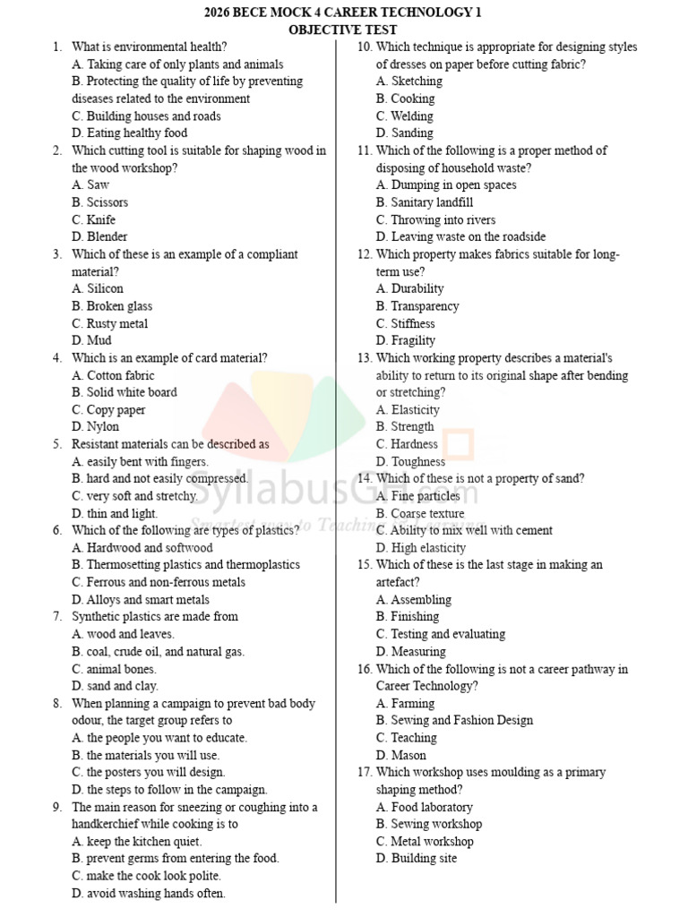 2026 BECE Mock Career Technology Test | PDF | Adhesive | Textiles