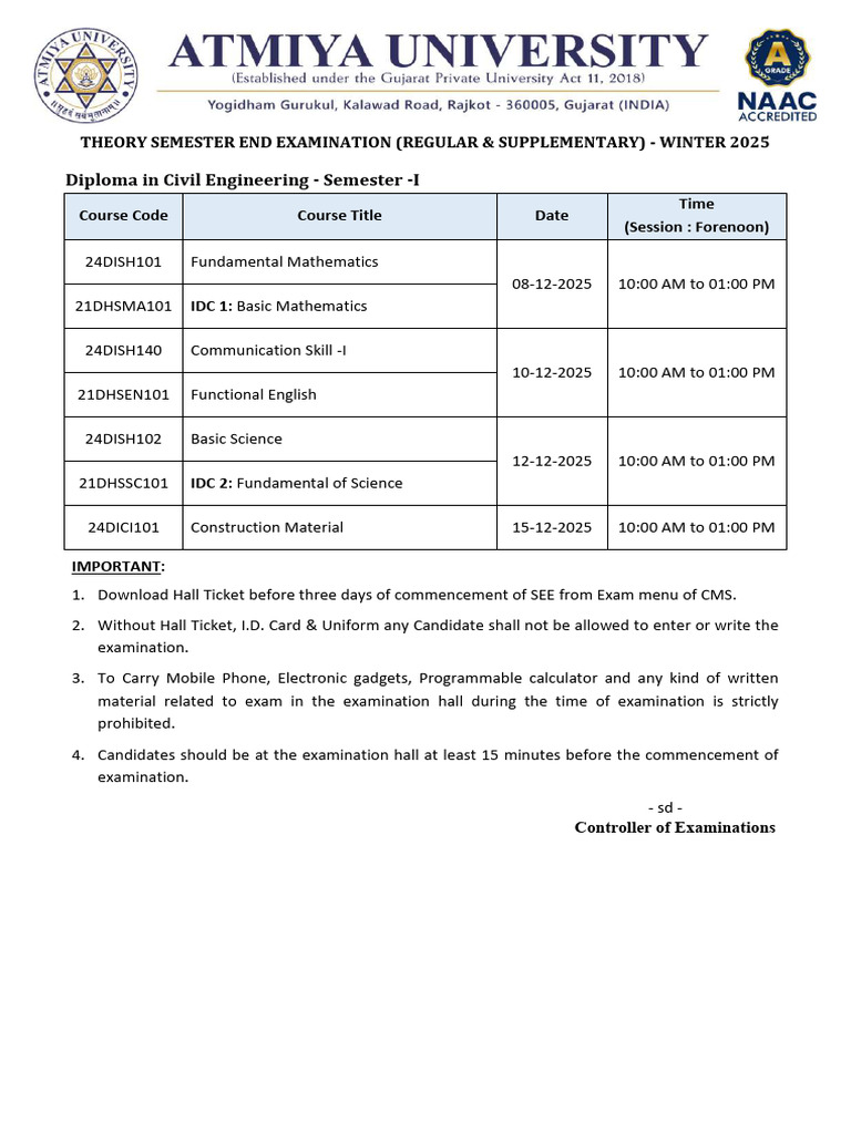 Winter 2025 Civil Engineering Exam Schedule | PDF