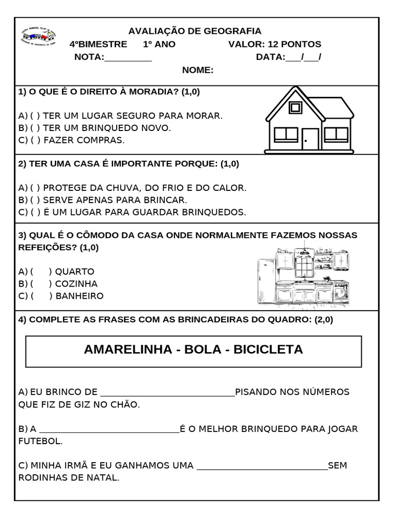Avaliação de Geografia 1º Ano | PDF