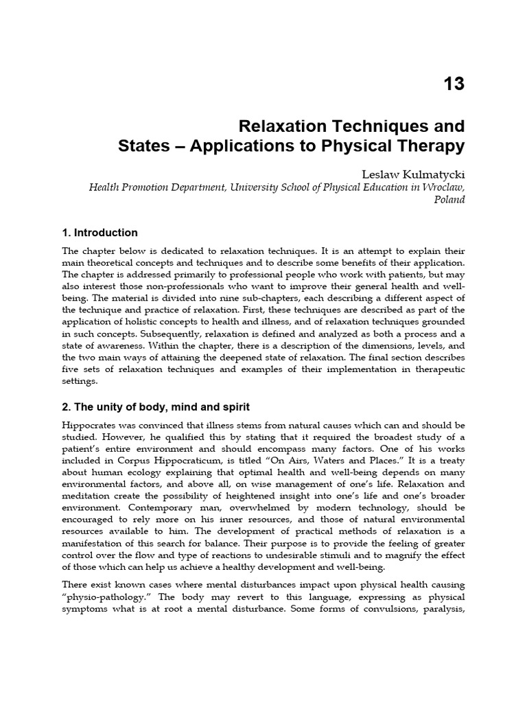 Relaxation Techniques in Physical Therapy | PDF | Meditation ...
