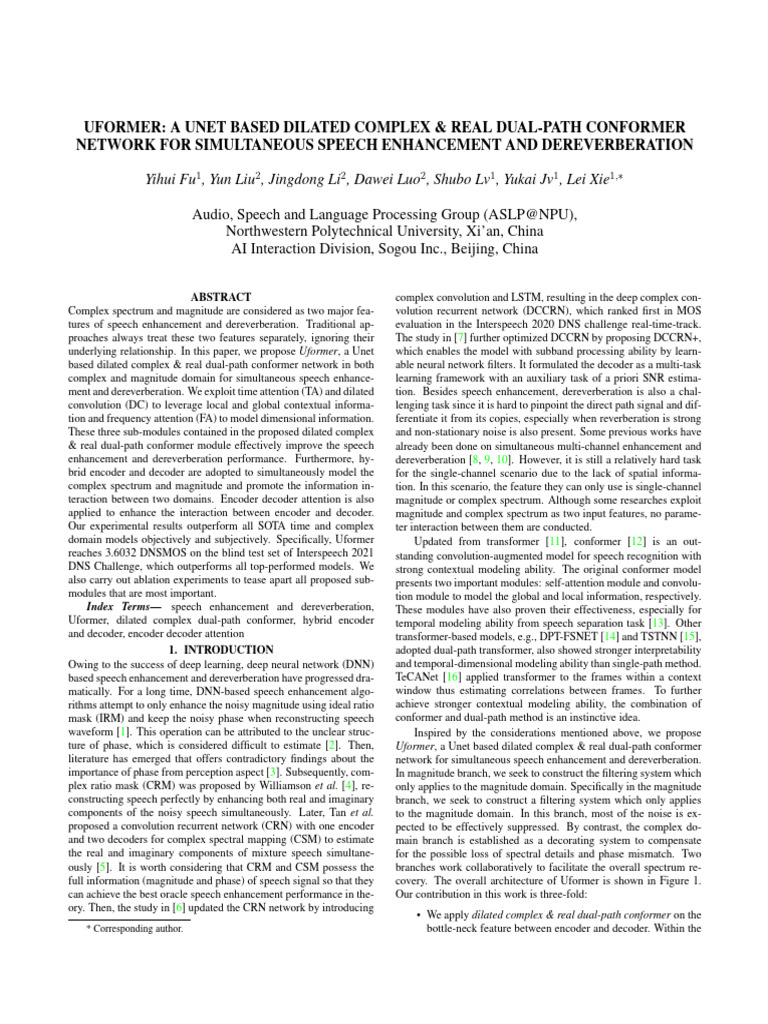 Uformer a Unet Based Dilated Complex & Real Dual-path Conformer Network ...