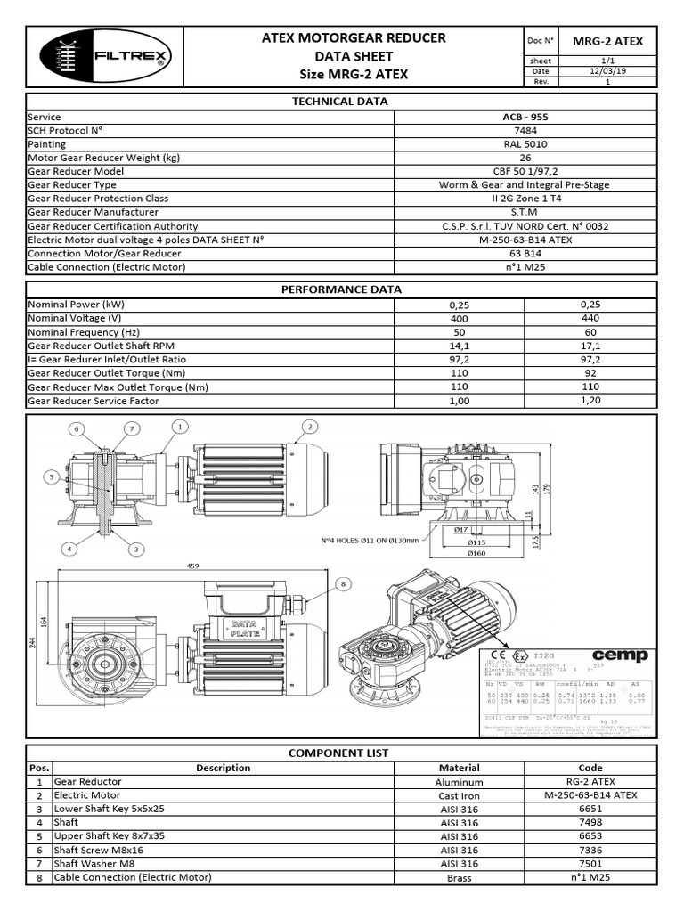 ATEX Electric Motor Gear Reducer Data | PDF | Gear | Electric Motor